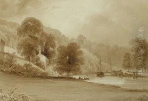Sunlight Breaking Through Clouds, With Figures Boating On A River by Joseph Mallord William Turner