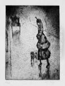 Dame Mit Pudel Auf Regennasser Strasse (droschke Links) by Lesser Ury