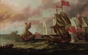 British Men-o'-war In Choppy Waters by Willem van de, the Elder Velde