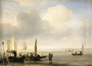 Two Fishing Boats Off A Spit Of Sand In A Calm, With Other Shipping In An Estuary