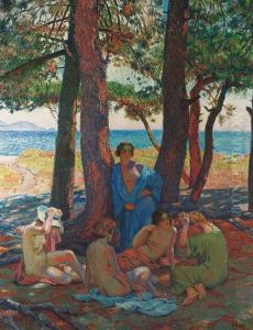 Les Baigneuses Sous Les Pins Au Bord De La Mer by Theo van Rysselberghe
