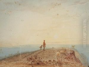 Shepherd Boy, Dog And Flock On A Coastal Headland At Sunset