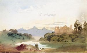 A Shepherd By A River At Dusk With A Castle And Mountains Beyond by John Varley