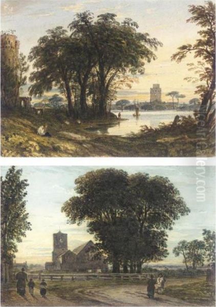 Willesden Church Near Harrow; Figures By A River - view 1