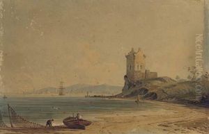 Figures Mending The Nets On The Foreshore Before A Ruinedtower