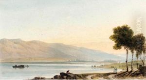 Figures And Sheep On The Shore 
Of Lake Geneva, With The Chateau De Chillon In The Distance