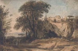 Sheep Grazing Before A Hillside Village On The Coast by John Varley