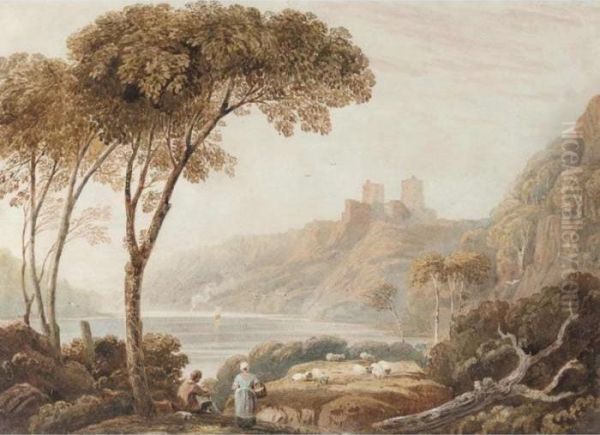 Figures With Sheep By A Lake, A Castle On A Hill Beyond - view 1