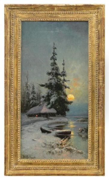Sunset In Winter Over A Thatched Hut By A Lake by Iulii Iul'evich (Julius) Klever