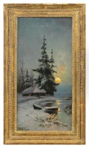 Sunset In Winter Over A Thatched Hut By A Lake