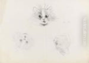A Startled Kitten And Two Studies Of Cats Recto And A Study Of Catsverso by Louis Wain