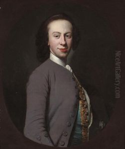 Portrait Of A Gentleman, 
Half-length, In A Grey Coat And Blue Waistcoat With Gold Frogging, In A 
Feigned Oval