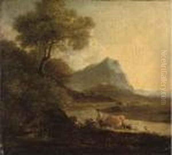 A Drover With Cattle And Sheep In A Mountainous Landscape - view 1