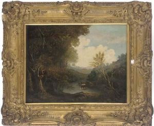 Cattle Watering In A Wooded River Landscape by Richard Wilson