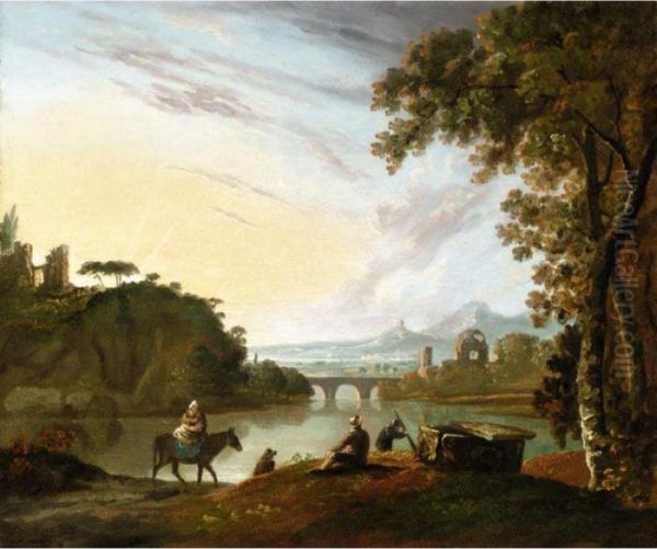 Travellers Resting By A Tomb Beside A Lake In A Classical Landscape - view 1