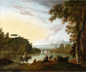 Travellers Resting By A Tomb Beside A Lake In A Classical Landscape