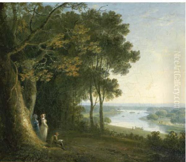 An Artist Sketching With Figures On Richmond Hill, A View Of The Thames Beyond - view 1