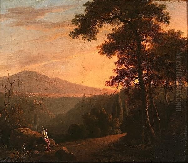 An Italianate Wooded Landscape With A Traveller Resting Near A Path, A Mountain Beyond - view 1