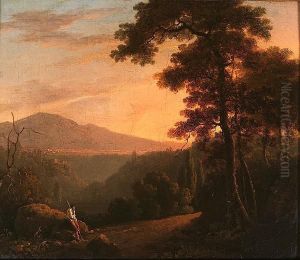 An Italianate Wooded Landscape With A Traveller Resting Near A Path, A Mountain Beyond by Richard Wilson