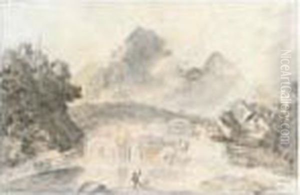 An Angler By A River In A Mountainous Landscape - view 1