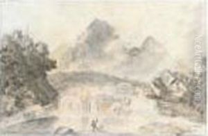 An Angler By A River In A Mountainous Landscape by Richard Wilson