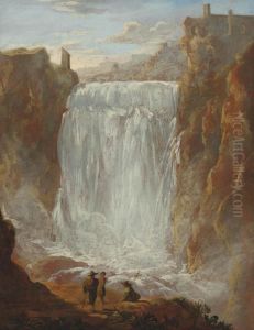 A View Of The Cascatelle At Tivoli, With Wayfarers Resting
