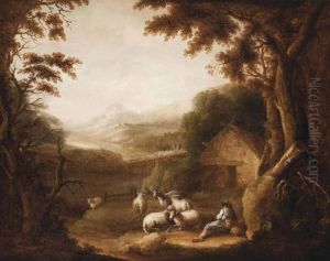 A Wooded Landscape With A Shepherd And His Herd At Rest