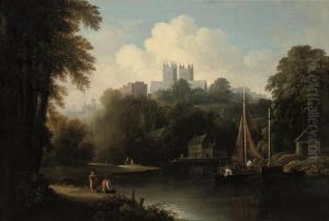 A View Of The River Weir With An Angler On A Bank, Durham Cathedralbeyond
