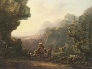 A Mountainous Landscape With
Travellers On A Path In The Foreground, A Herd Of Sheep Fording A River
Beyond by Thomas Barker of Bath