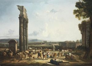 An Extensive Capriccio Landscape
With Peasants Desporting Themselves By The Baths Of Caracalla, A View
Of Rome Beyond by Thomas Barker of Bath