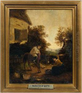 Two Children And A Donkey Outside A Cottage by Thomas Barker of Bath