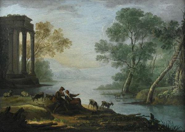 Italianatelandscape With Goatherds Making Music By A Lake Oil On Canvas 32 X45cm - view 1