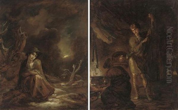 Scenes From William Cowper's
'the Task' (1785): A Moonlit Winter Landscape With 'crazy Kate' At Rest
On A Track; And A Boy Stringing A Bow - view 1