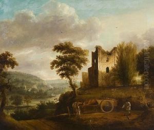 River Landscape With Figure, Horses And Timber Cart Before Castle Ruins by Thomas Barker of Bath