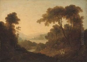 A Wooded River Landscape With Travellers At Rest On A Bank
