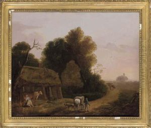 A Maid Milking A Cow Beside A Country Road