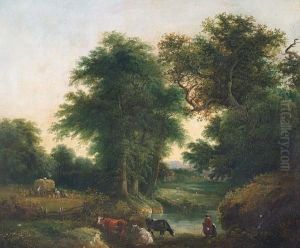 Woodland Stream With Cattle Watering, And Haymakers In Field Beyond