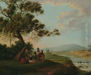 A Gypsy Encampment; Elegant Figures On A Country Lane