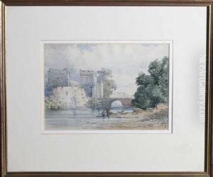 Two Anglers At A Riverbank Near A Castle by John Callow
