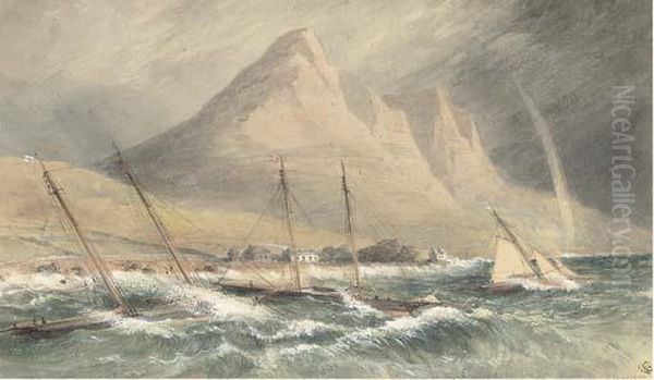 Racing Schooners Anchored
Inshore And Riding Out The Gale Off Theirish Coast, Possibly Co. Down - view 1