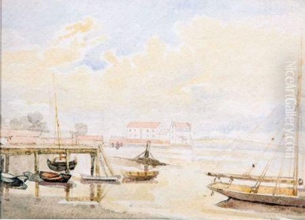 River Scene With Jetty, Figures And Ship - view 1