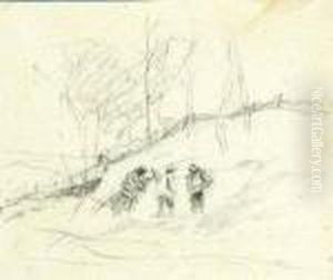 Two Men Sitting On A Bench Before A Cottage by Thomas Gainsborough