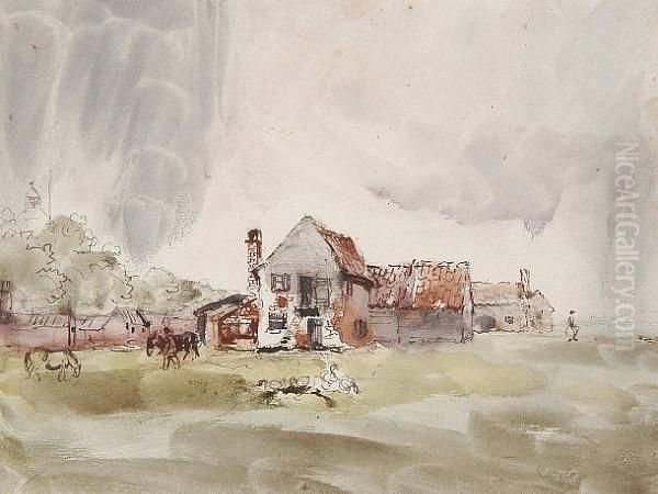 Farmhouse With Figures And Horses - view 1