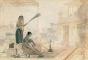 A Woman Smoking A Hookah Pipe, With An Attendant