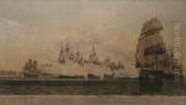 The Homeward Bound Fleet Of
Indiamen From China Under The Command Of Captain Dance Engaging And
Repulsing A Squadron Of French Men Of War Near The Straits Of Malacca
Feb 15th 1804 - view 1