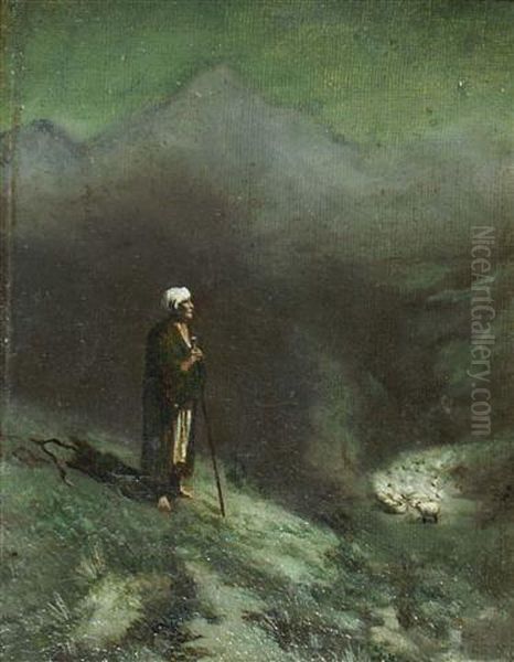 A Shepherd Overlooking His Flock In A Mountainous Landscape At Dusk - view 1