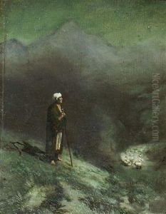 A Shepherd Overlooking His Flock In A Mountainous Landscape At Dusk by Albert Moulton Foweraker