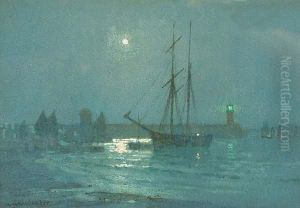 St Ives - The Harbour By Moonlight by Albert Moulton Foweraker