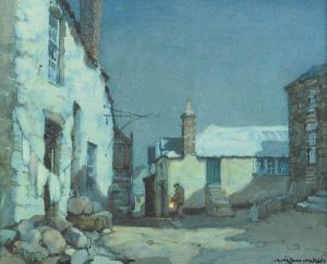 A Figure With A Lantern In A Village By Moonlight by Albert Moulton Foweraker