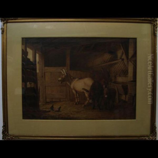 Barn Interior With Donkeys And Chickens - view 1